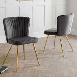 Caledon Grey Velvet Dining Chair With Gold Metal Legs In Pair