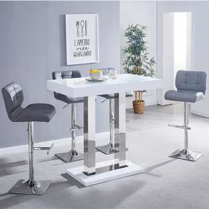 Caprice White Gloss Bar Table With 4 Candid Grey Stools