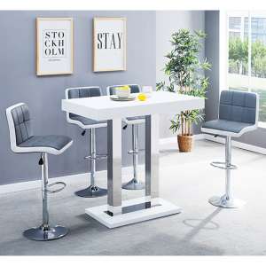 Caprice White Gloss Bar Table With 4 Copez Grey White Stools