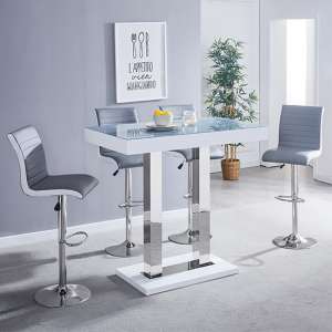 Caprice White Grey Glass Bar Table With 4 Ritz Grey White Stools