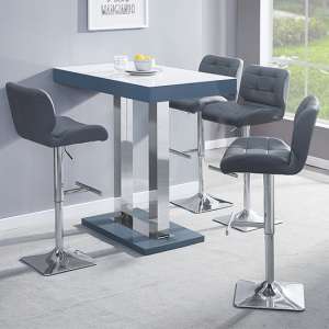 Caprice White Grey Gloss Bar Table With 4 Candid Grey Stools