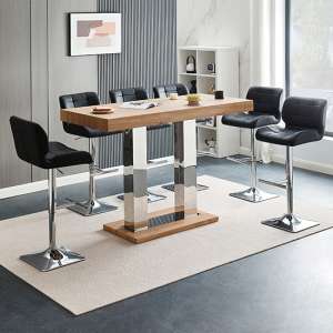 Caprice Large Oak Effect Bar Table With 6 Candid Black Stools