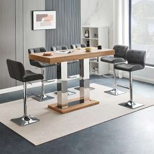 Caprice Large Oak Effect Bar Table With 6 Candid Grey Stools