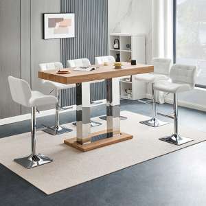 Caprice Large Oak Effect Bar Table With 6 Candid White Stools
