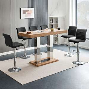 Caprice Large Oak Effect Bar Table With 6 Ripple Black Stools