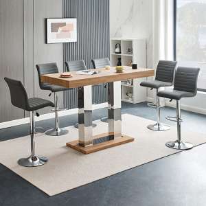 Caprice Large Oak Effect Bar Table With 6 Ripple Grey Stools