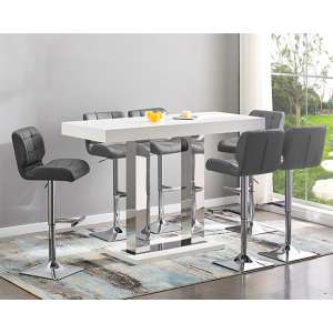 Caprice Large White Gloss Bar Table With 6 Candid Grey Stools