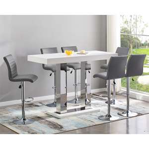 Caprice Large White Gloss Bar Table With 6 Ripple Grey Stools