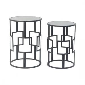 Cara Mirrored Glass Set Of 2 Accent Tables In Black Iron