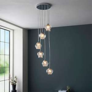 Cardiff 6 Lights Ribbed Glass Ceiling Pendant Light In Chrome