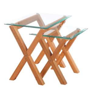Carey Clear Glass Nest Of 2 Tables With Oak Wooden Legs