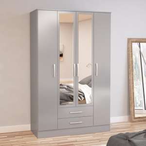 Carola Mirrored Wardrobe In Grey High Gloss With 4 Doors