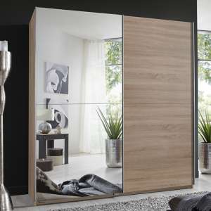 Carra Sliding Door Wooden Wide Wardrobe In Oak With 1 Mirror