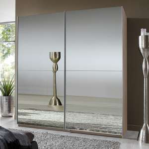 Carra Sliding Door Wooden Wide Wardrobe In Oak With 2 Mirrors