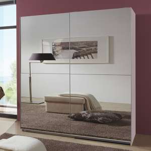Carra Sliding Door Wooden Wide Wardrobe In White With 2 Mirrors