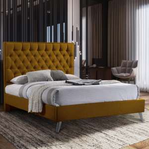 Carrara Plush Velvet Upholstered Super King Size Bed In Mustard