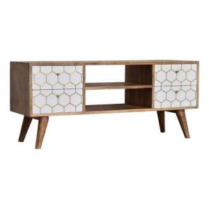 Cassia Wooden TV Stand In Oak Ish And White Brass Inlay