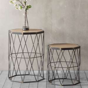 Caylee Wooden Set Of 2 Side Tables With Metal Frame In Natural