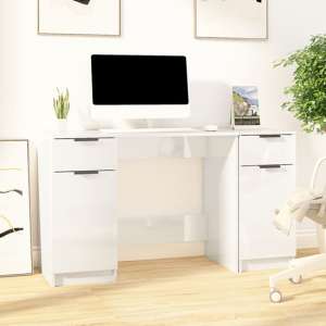 Ceri High Gloss Computer Desk With 2 Doors 2 Drawers In White