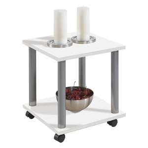 Ceron Wooden Side Table With Swivel Wheels In White