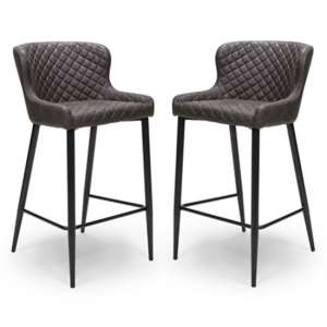 Charlie Grey Leather Bar Stool With Metal Base In Pair