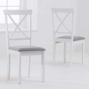 Chartin White Wooden Dining Chairs With Grey Fabric Seat In Pair