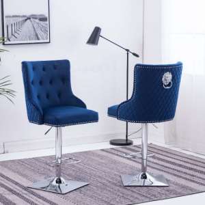 Chelsi Blue Velvet Upholstered Gas-Lift Bar Chairs In Pair