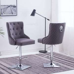 Chelsi Dark Grey Velvet Upholstered Gas-Lift Bar Chairs In Pair