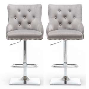Chelsi Light Grey Velvet Upholstered Gas-Lift Bar Chairs In Pair