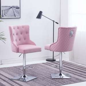 Chelsi Pink Velvet Upholstered Gas-Lift Bar Chairs In Pair