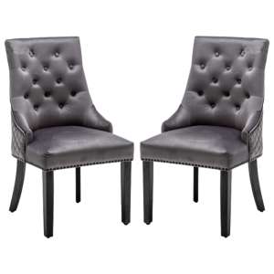 Chenoy Lion Knocker Dark Grey Velvet Dining Chairs In Pair