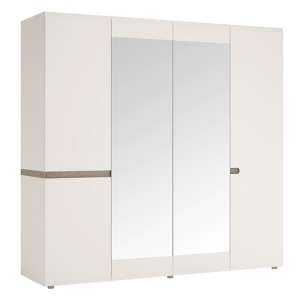 Cheya Mirrored 4 Doors Gloss Wardrobe In White And Truffle Oak
