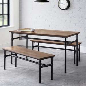 Caelum Wooden Dining Table In Mocha Elm With 2 Benches