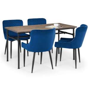 Caelum Elm Wooden Dining Table With 4 Lakia Blue Chairs