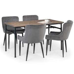 Caelum Elm Wooden Dining Table With 4 Lakia Grey Chairs
