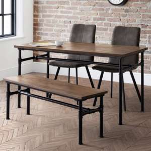Caelum Elm Dining Table With Bench And 2 Maclean Grey Chairs