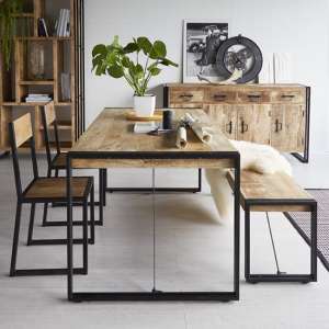 Clio Industrial Dining Table In Oak With 2 Chairs And Bench