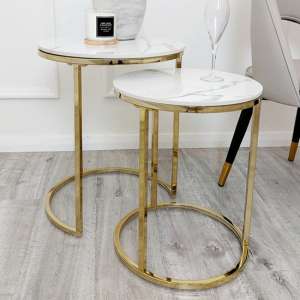 Clive Polar White Sintered Nest Of 2 Tables with Gold Frame