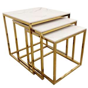 Clive Polar White Sintered Nest Of 3 Tables with Gold Frame