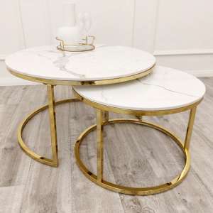 Clive Polar White Sintered Nesting Coffee Tables with Gold Frame