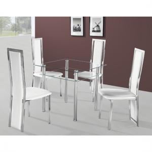 Callisto Dining Table In Clear Glass With 4 White Deluxe Chairs