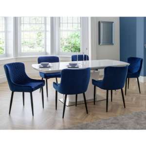 Caishen Extending High Gloss Dining Table With 6 Lakia Blue Chairs