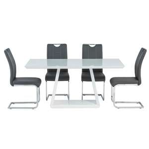 Conrad White Gloss Dining Table With 4 Osken Grey Chairs