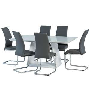 Conrad White Gloss Dining Table With 6 Sako Grey Chairs