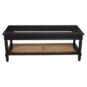 Corson Glass Top Coffee Table In Black With Rattan Undershelf