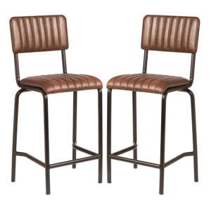 Corx Ribbed Vintage Brown Faux Leather Mid Bar Stools In Pair