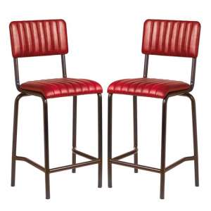 Corx Ribbed Vintage Red Faux Leather Mid Bar Stools In Pair