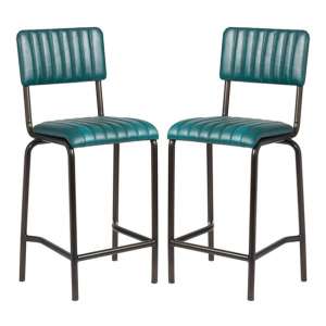 Corx Ribbed Vintage Teal Faux Leather Mid Bar Stools In Pair