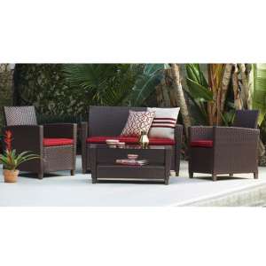 Crook Malmo Outdoor Seating Set In Brown With Red Cushions
