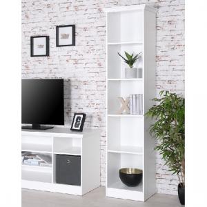 Country Tall Narrow Bookcase In White With 5 Compartments